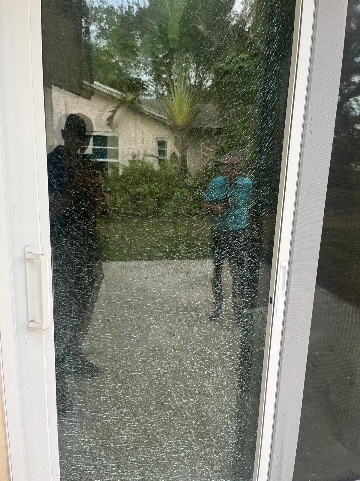 BEFORE - Shattered tempered glass - unsafe and exposed.